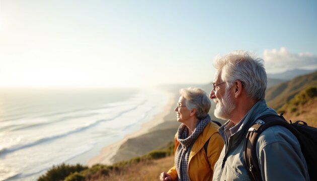 Elderly couple walks on Pacific coast trail overlooking ocean waves. Seniors enjoy nature, healthy retirement, and scenic views together on hike.
