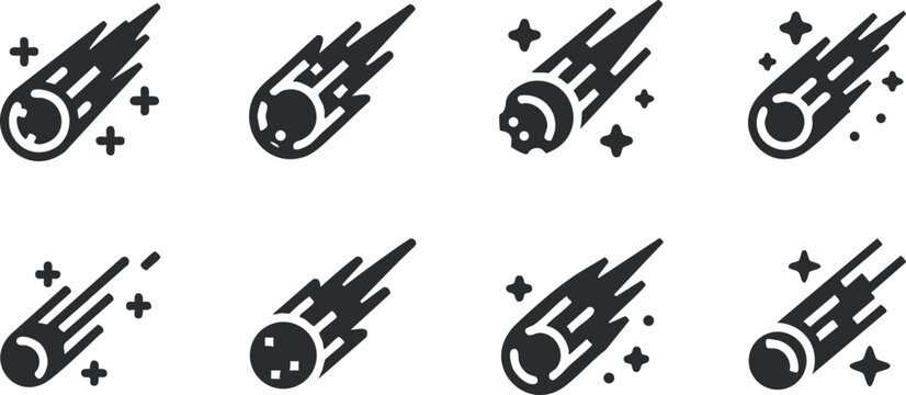 Set of modern vector icons depicting comets and meteors with motion trails for space-themed design projects