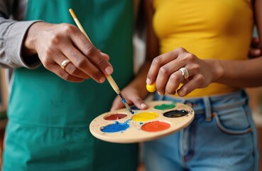 African American couple painting together, hands busy with art supplies. Man dips paintbrush into blue paint on wooden palette. Woman holds yellow paint, adding color for creative work. Enjoy art