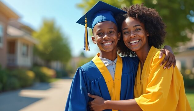 Proud black mother hugs son at graduation. Graduate smiles wearing gown, cap. Parent embraces child after milestone achievement. Family celebrates academic success outdoors near building. Ceremony