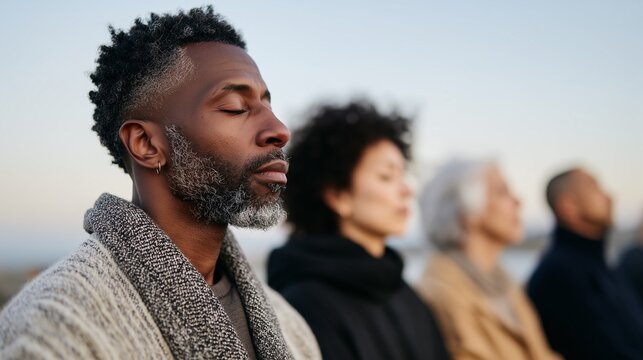 Nahaufnahme eines Mannes mittleren oder &auml;lteren Alters der in ruhiger Lotussitz-Position mit geschlossenen Augen meditiert &ndash; Fokus auf Achtsamkeit und Gelassenheit