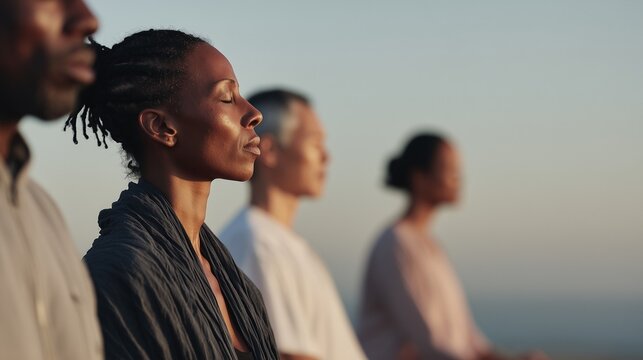 Nahaufnahme einer Frau in ruhiger Meditationshaltung mit geschlossenen Augen &ndash; Achtsamkeit Gelassenheit und mentales Wohlbefinden bei Sonnenuntergang