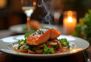 Chef's Selection Wild Caught Salmon Dining Experience on Elegant Plate Surrounded by Culinary Greenery and Sophisticated Tableware