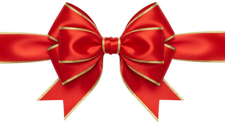 Red Satin Ribbon Bow with Gold Edging and Horizontal Band on Black Background silk isolated on a transparent background