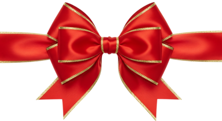 Red Satin Ribbon Bow with Gold Edging and Horizontal Band on Black Background silk isolated on a transparent background
