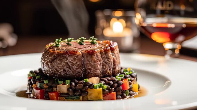 Seared Filet Mignon with Black Lentils and Vegetables