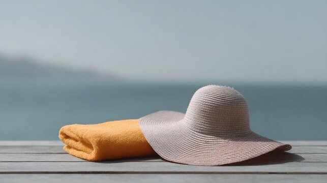 Yellow and white beach towel is laying on a wooden table next to a straw hat - Powered by Adobe