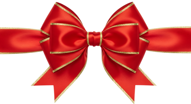 Red Satin Ribbon Bow with Gold Edging and Horizontal Band on Black Background silk isolated on a transparent background