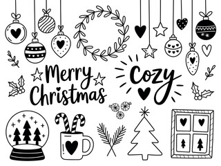 Naklejka premium A collection of hand-drawn Christmas ornaments, decorations, and text elements.