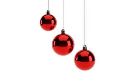 Three Shiny Red Christmas Ornaments Hanging on Strings whisk image isolated on a transparent background