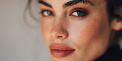 Fototapeta premium Woman with brown eyes and brown hair is wearing makeup