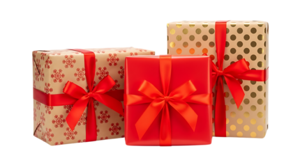 Three Wrapped Christmas Presents with Red Ribbons on Black Background gifts boxes isolated on a transparent background
