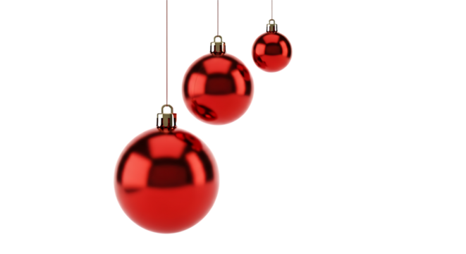 Three shiny red Christmas ornaments hanging on thin red strings against a black background red ornament isolated on a transparent background