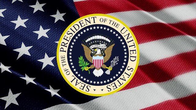 Presidential Seal over a waving American flag showing the bald eagle, olive branch, arrows, E PLURIBUS UNUM ribbon and stars ring.