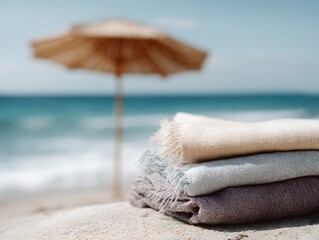 Three towels are stacked on top of each other on a beach
