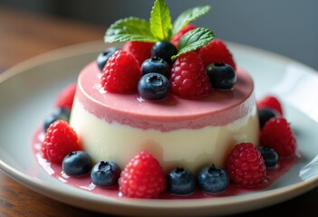 Decadent Creamy Desserts Beautifully Topped with Vibrant Fresh Berries and Refreshing Mint Leaves