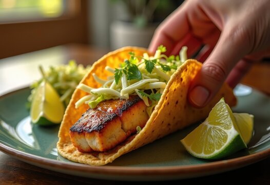 Colorful Fish Tacos with Crunchy Cabbage Slaw Refreshing Zesty Citrus Lime Slice