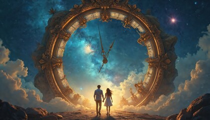 Couple walks toward giant clock in starry sky. Couple runs into future below cosmic horologe. Love journey begins under constellations, destiny bound.