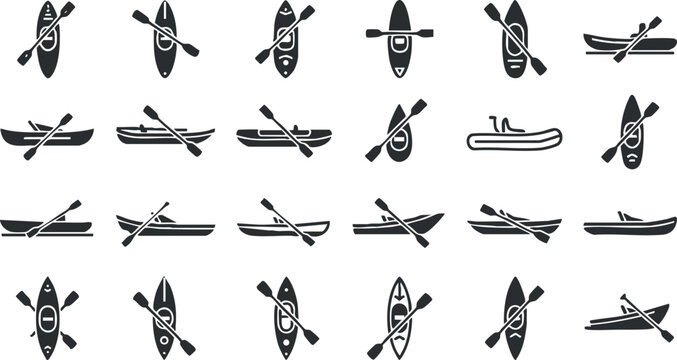 Collection of vector icons featuring various kayaks and canoes with paddles for outdoor adventure and water sports