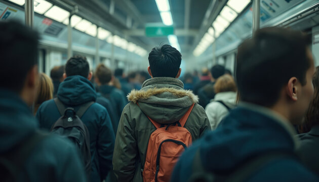 Commuters crowd a subway car. People travel on public transport. Passengers stand close in a train carriage. Modern commuting challenges lifestyle. Urban society is represented in high quality image. - Powered by Adobe