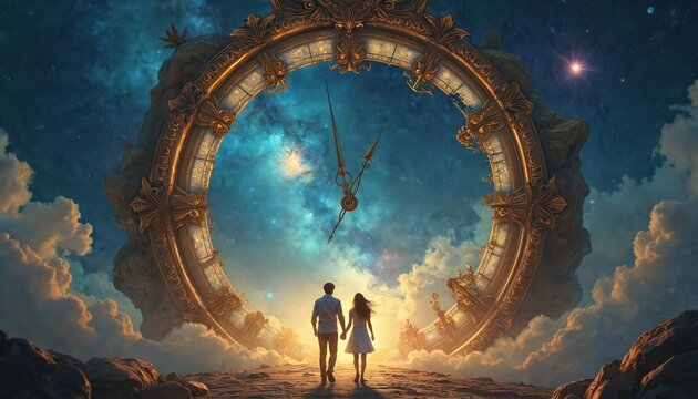 Couple walks toward giant clock in starry sky. Couple runs into future below cosmic horologe. Love journey begins under constellations, destiny bound.