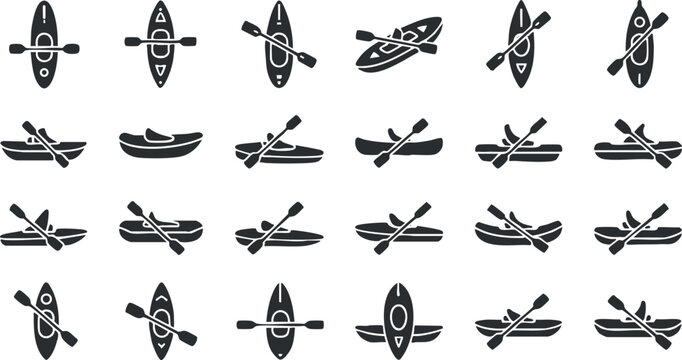 Set of minimalist black and white vector icons featuring kayaks and paddles for outdoor adventure and water sports designs