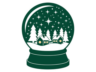 A winter scene is depicted inside a snow globe with trees and houses.