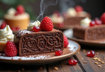 Exquisite Gourmet Dessert Artistry with Intricate Chocolate Sculptures and Lush Berry Accents