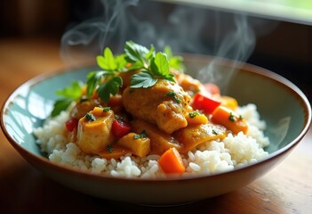 Exquisite Spicy Chicken Curry Generously Accompanied by Fluffy Fragrant Rice Layer on Elegant Serving Dish