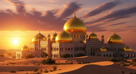 Naklejka premium Golden Domed Palace in a Sandy Desert at Sunset Warm Orange Sky and Sun