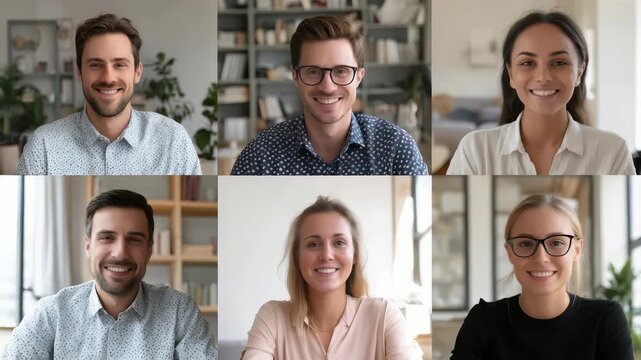 Six cheerful colleagues participate in an online meeting, showcasing positive remote work culture. Bright home office backgrounds emphasize productivity and connection in a digital workspace