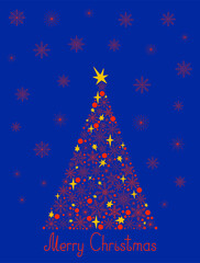 Merry Christmas holiday celebration template for greeting card, poster, banner, invitation, tree of snowflakes, night sky, stars on snowy winter night background season's greeting festive simple decor