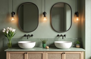 Stylish bathroom interior with two mirrors, warm lights. Round white sinks on green tiled countertop, rattan cabinet below. Fresh white tulips, small plants give organic, cozy feel.