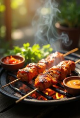Grilled Chicken Skewers Traditional Thai Peanut Sauce Bold Flavors Outdoor Feast Authentic Aroma