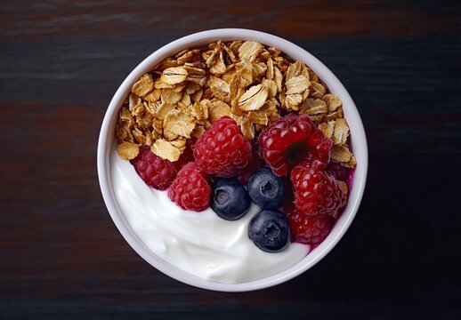 A white bowl filled with yogurt, granola, raspberries, and blueberries on a dark wooden background