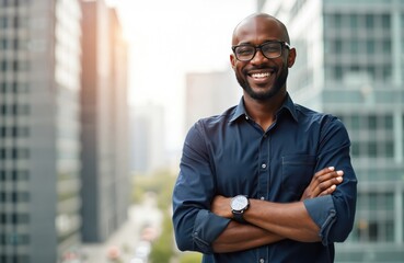 Obraz premium Confident black businessman smiles in office. Stands with arms crossed. Happy successful male entrepreneur in startup company shows leadership, management skills. Leader in workplace. Business