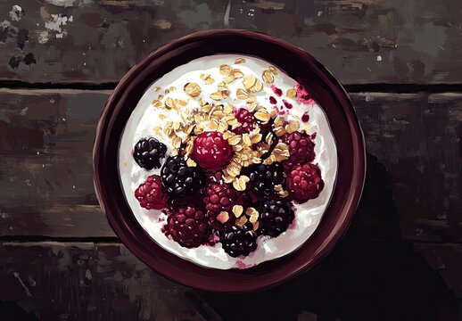 A black bowl of creamy yogurt topped with granola, fresh raspberries, and blueberries on a rustic wooden table