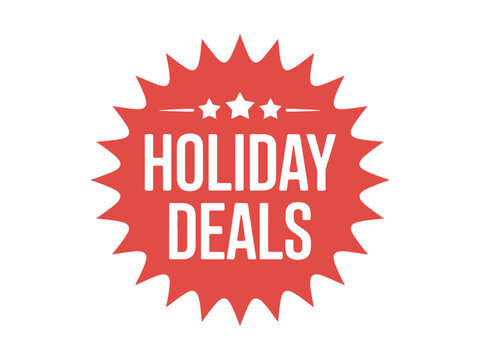 A red starburst sticker announces holiday deals with three small stars above the text.
