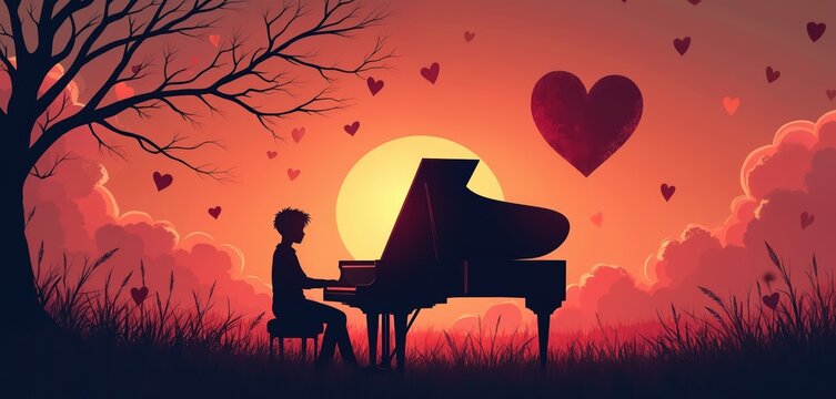 Person plays piano under sunset sky with hearts floating. Silhouette person at keyboard outdoors, romantic music fills air. Warm glow, evening vibe, love theme.