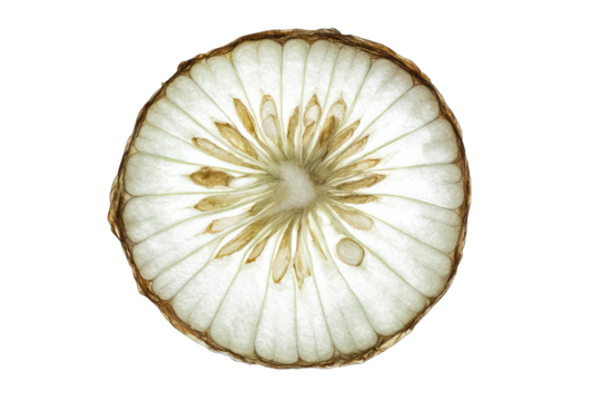 Close-up slice of a bulbous vegetable, radiating white and tan layers