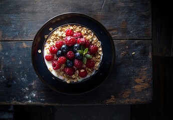 A black bowl of creamy yogurt topped with granola, fresh raspberries, and blueberries on a rustic wooden table