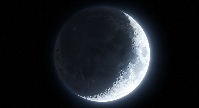 A Solitary Crescent Moon Glowing Brightly in Dark Space
A dramatic and detailed render or photograph of a waxing crescent moon set against a pure, inky black background of deep space