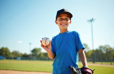 Young boy in blue t-shirt and black cap holds baseball, wearing baseball glove on hand. Standing on sports field on sunny day. Happy child smiling, playing baseball outdoors in summer.