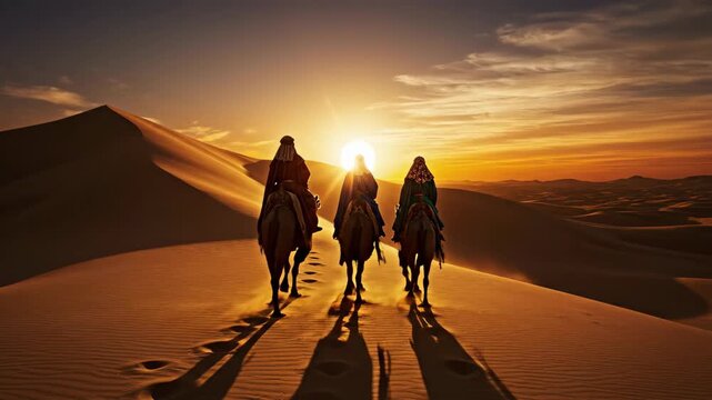 The silhouettes of the Three Wise Men or Magi ride camels across a vast desert at sunset following the star on their biblical journey to Bethlehem for the Epiphany