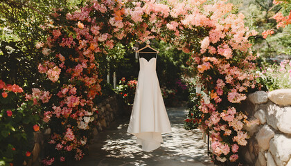 A white wedding dress is framed by a blooming flower arch in a garden