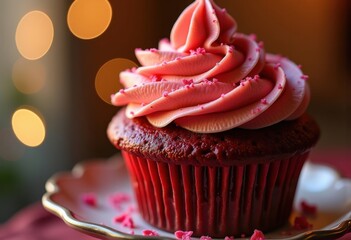 Luscious Red Velvet Cupcake Topped with Silky Frosting Vibrantly Presented on Vibrant Decorative Stand
