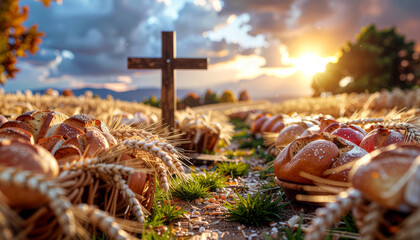 Bread harvest field with cross at sunset christian faith thanksgiving autumn season scenery