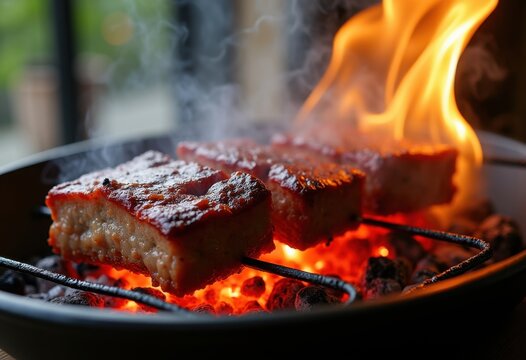 Grilled Korean BBQ Short Ribs Marinated in Spicy Savory Sauce on a Traditional Charcoal Grill