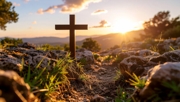 Christian cross silhouette at sunset on hilltop faith hope religion spiritual landscape view