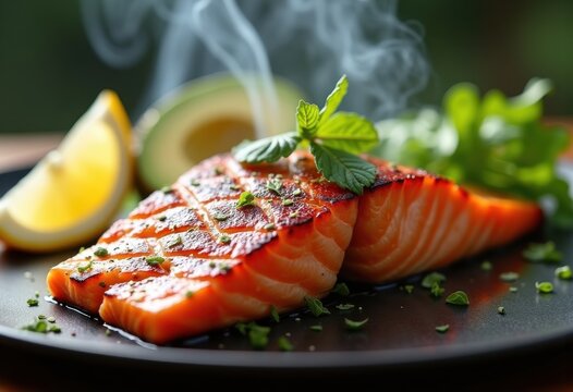 Grilled Salmon Fillet Lemon Zest Avocado Sprinkle Aromatic Charcoal Crust Healthy Plate